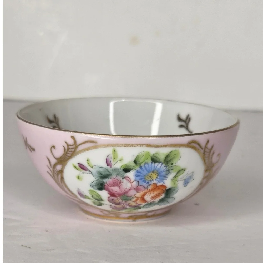 Vintage Hand Painted Pink Porcelain Tea Bowl Floral Gold Gilt Trim Victorian